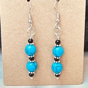 Stainless Steel Earrings w/Turquoise, Onyx & Silver Tone Spacer Beads - Handmade